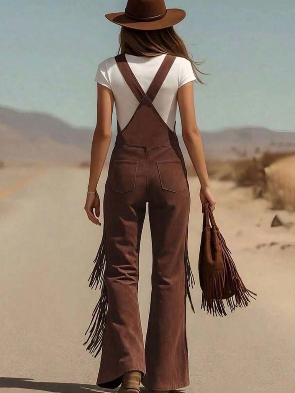 Fringe Suede Wide-Leg Overalls - Brown - Picture 2 of 4